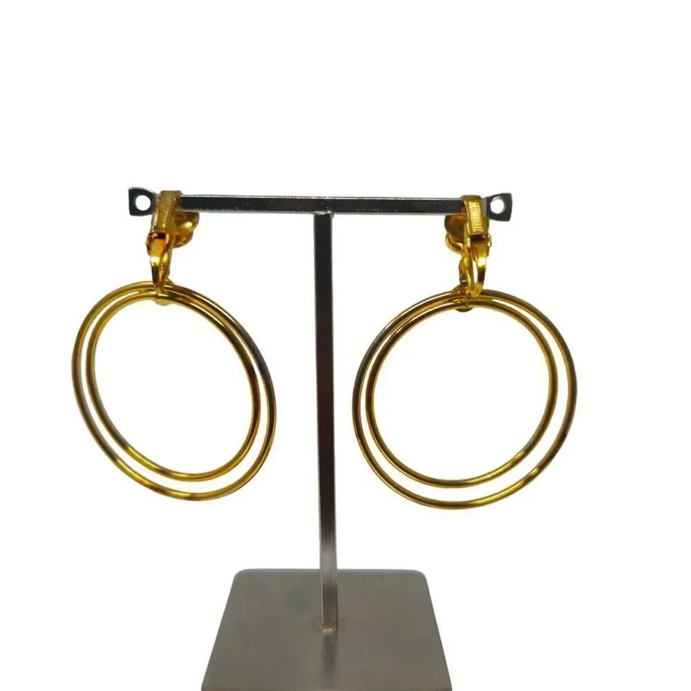 Vintage Minimalist Double Hoop Clip-On Earrings | Gold-Tone Modernist Statement